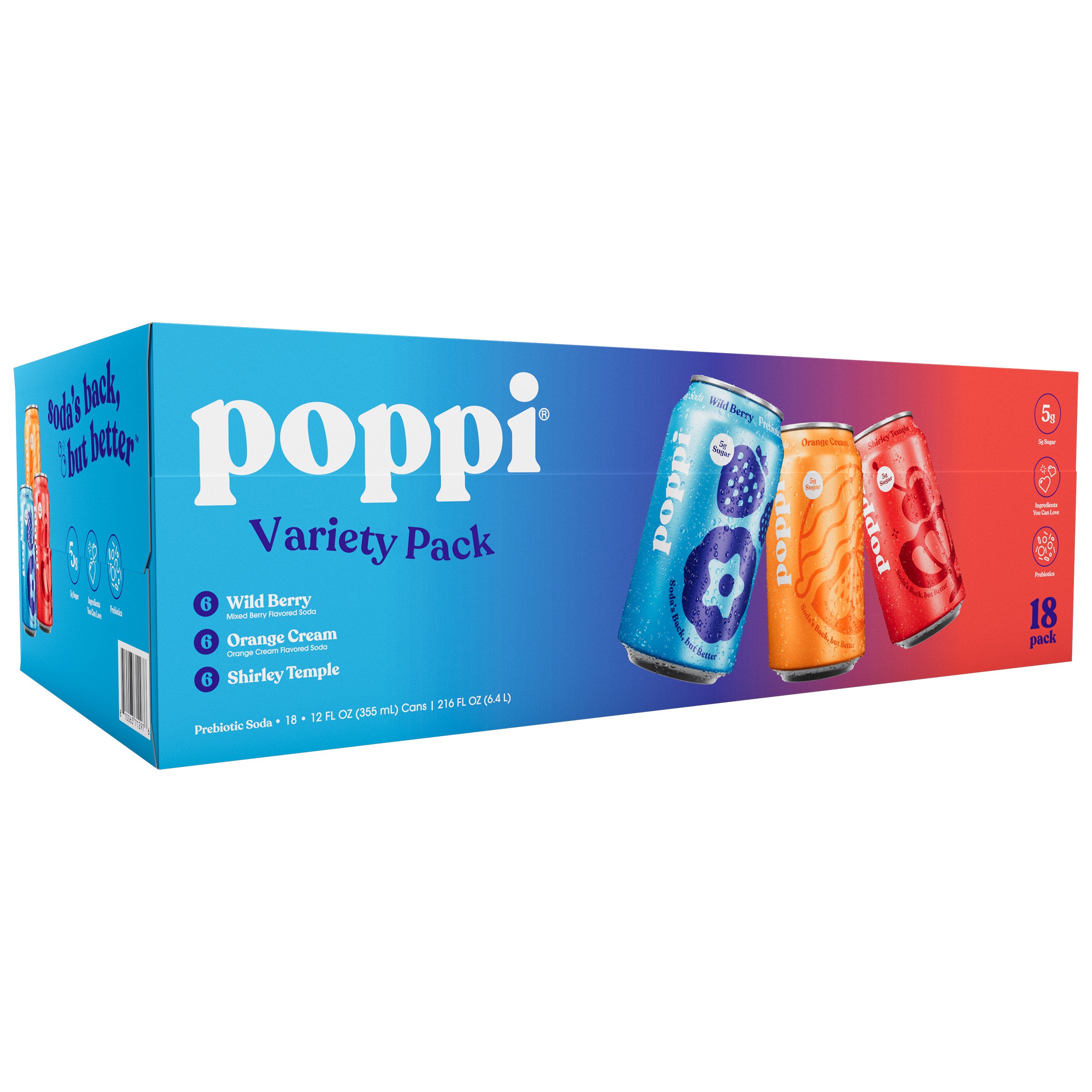 Poppi Prebiotic Soda Summer Variety Pack, 18 x 12 oz Cans