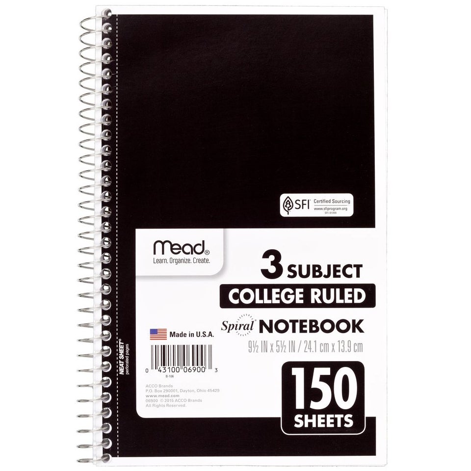 Mead 3-Subject Spiral Notebook, 9.5