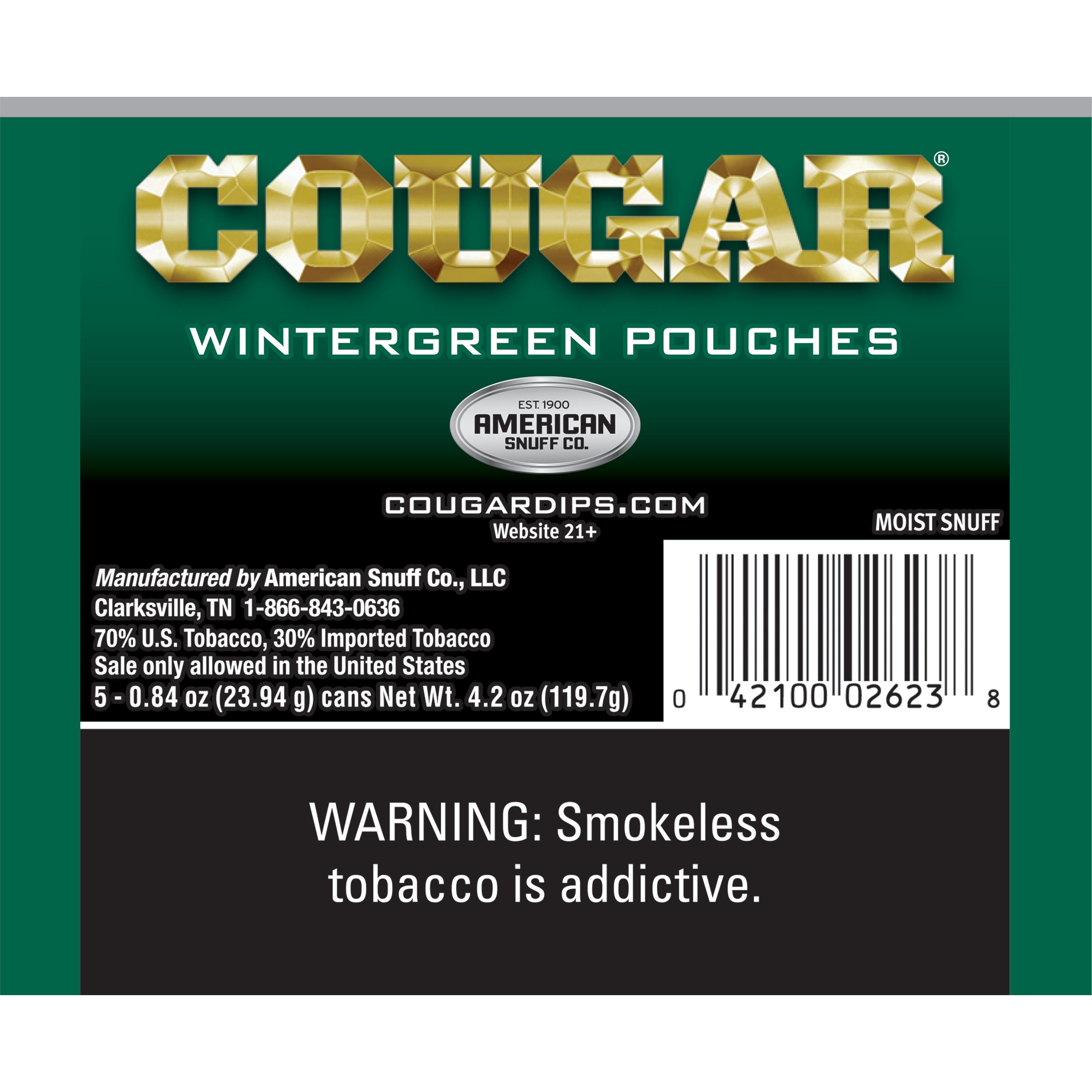 cougar tobacco flavors Cougar Wintergreen Pouch 5/.84 oz Can Roll (#1758635)