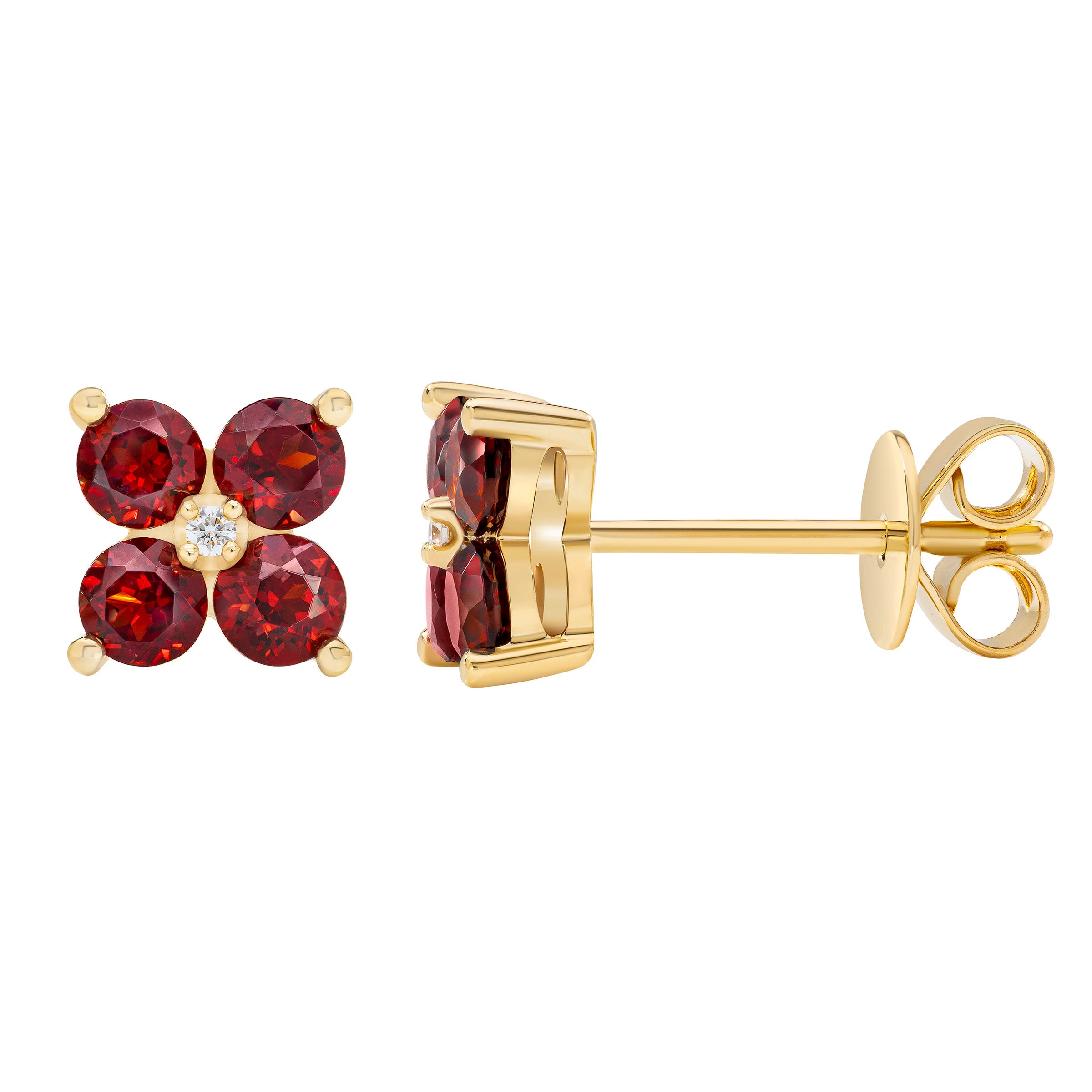 14kt Yellow Gold 0.01 CTW VS2 Diamond and Garnet Flower Stud
