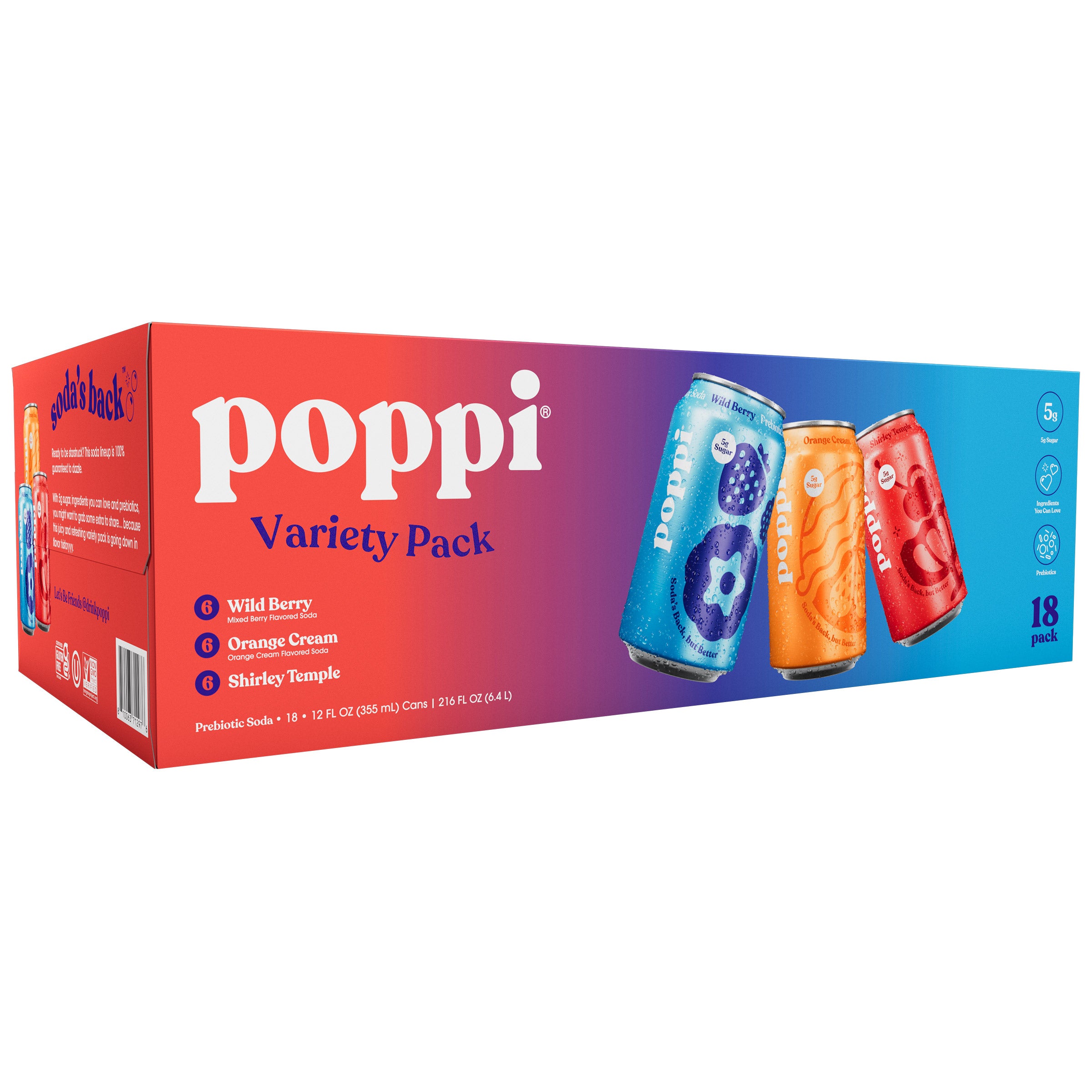 Poppi Prebiotic Soda Summer Variety Pack, 18 x 12 oz Cans