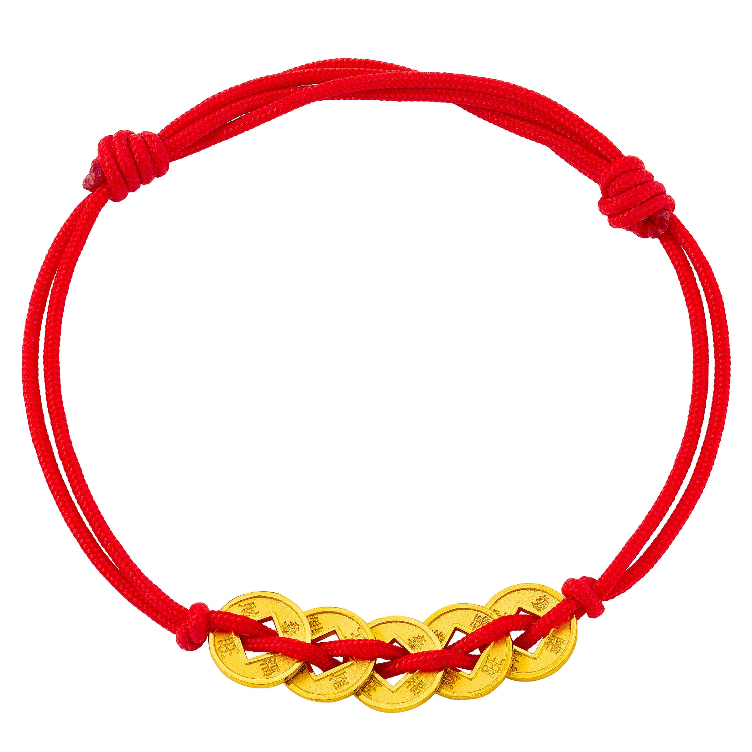 24kt Yellow Gold 5 Fortune Coin Motif Red Nylon Bracelet (#2098800