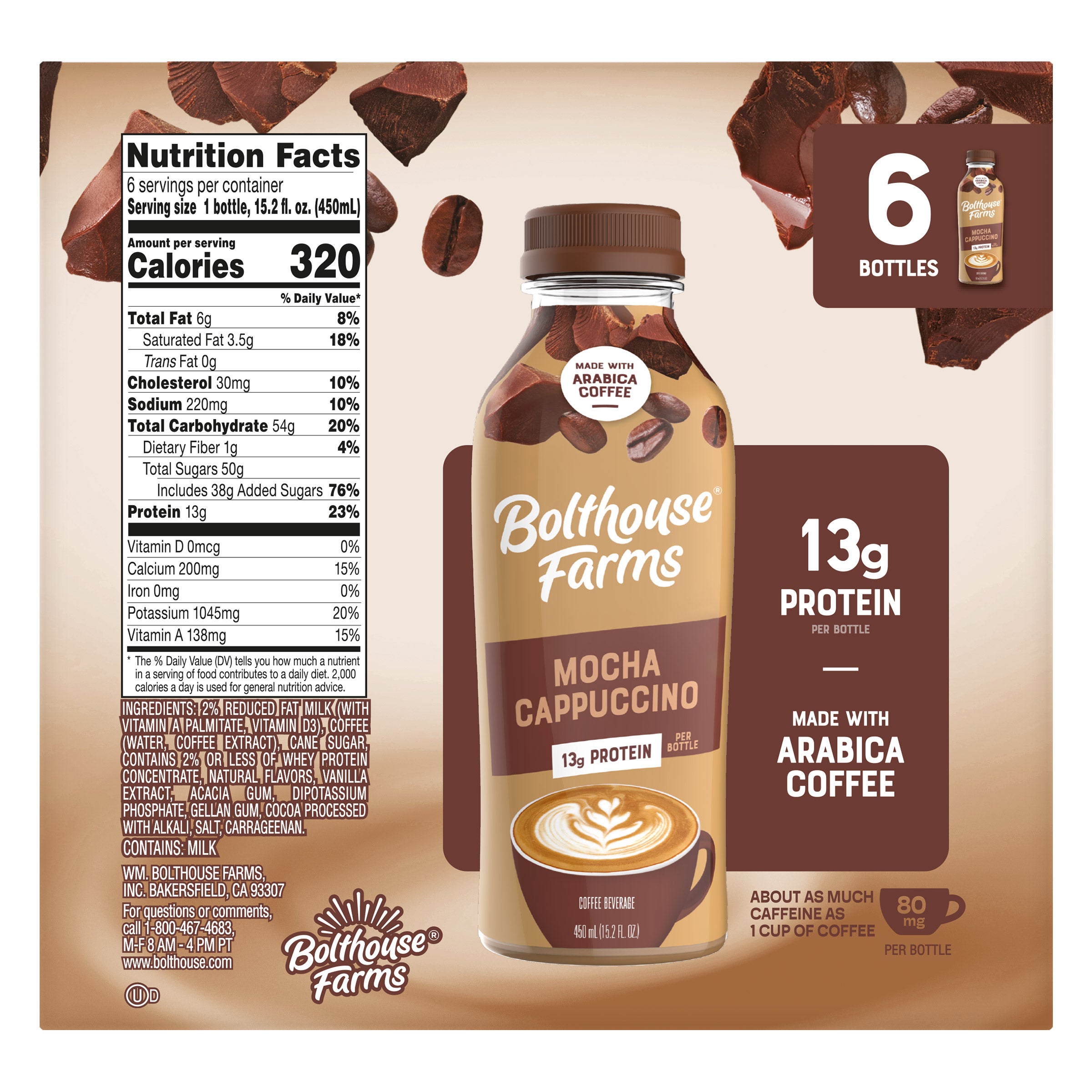 Bolthouse Farms Mocha Cappuccino Coffee Beverage, 6 x 15.2 oz