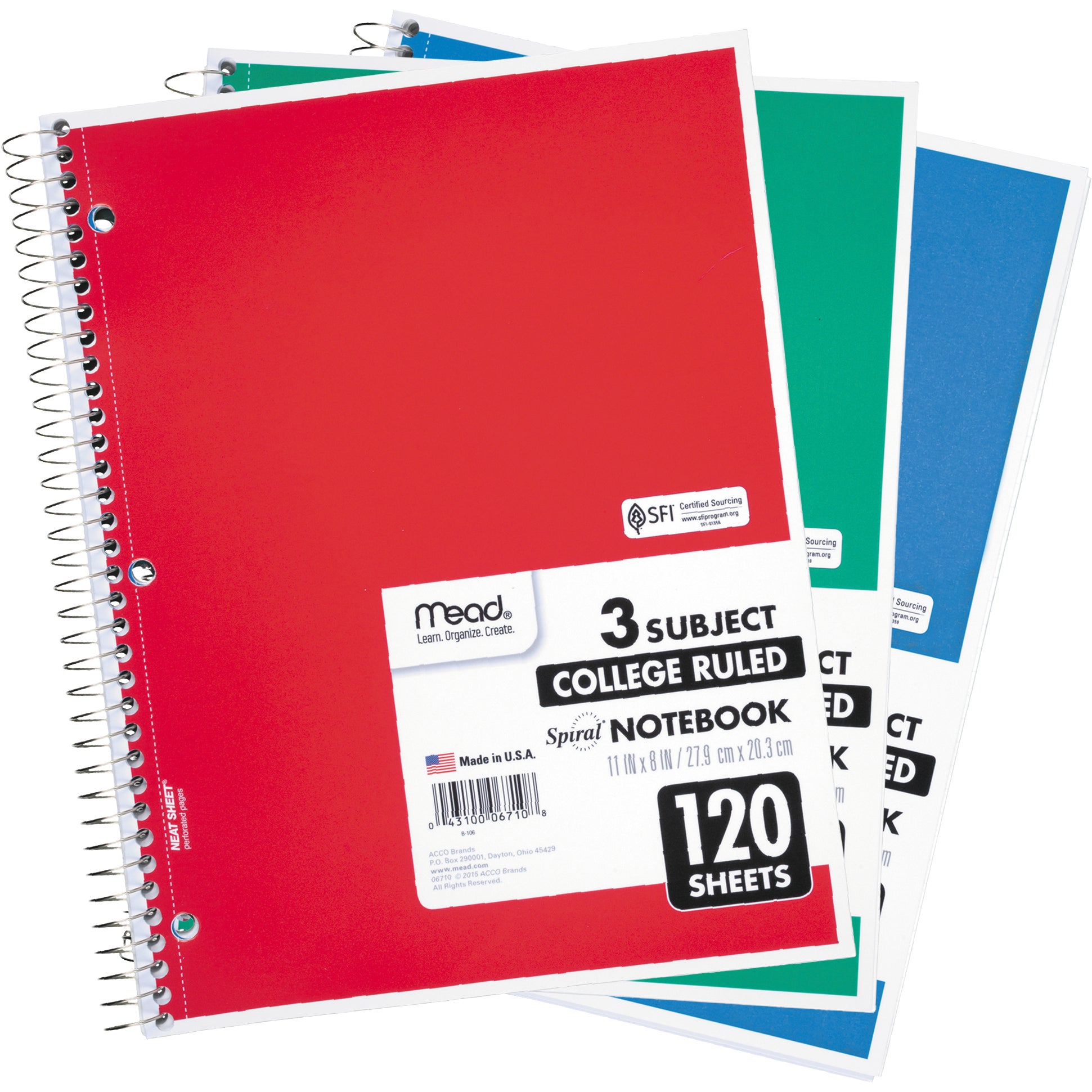 Mead 3-Subject Spiral Notebook, College Ruled, 11 x 8.5, 120 Sheets ...