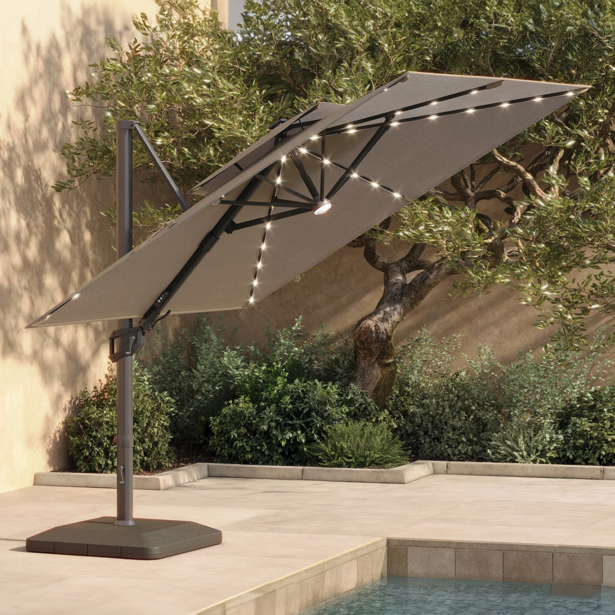 costco outdoor patio umbrella stands Seasons Sentry 10' Square 2-Tier Solar LED Aluminum Cantilever Umbrella  with Base (#1807306)