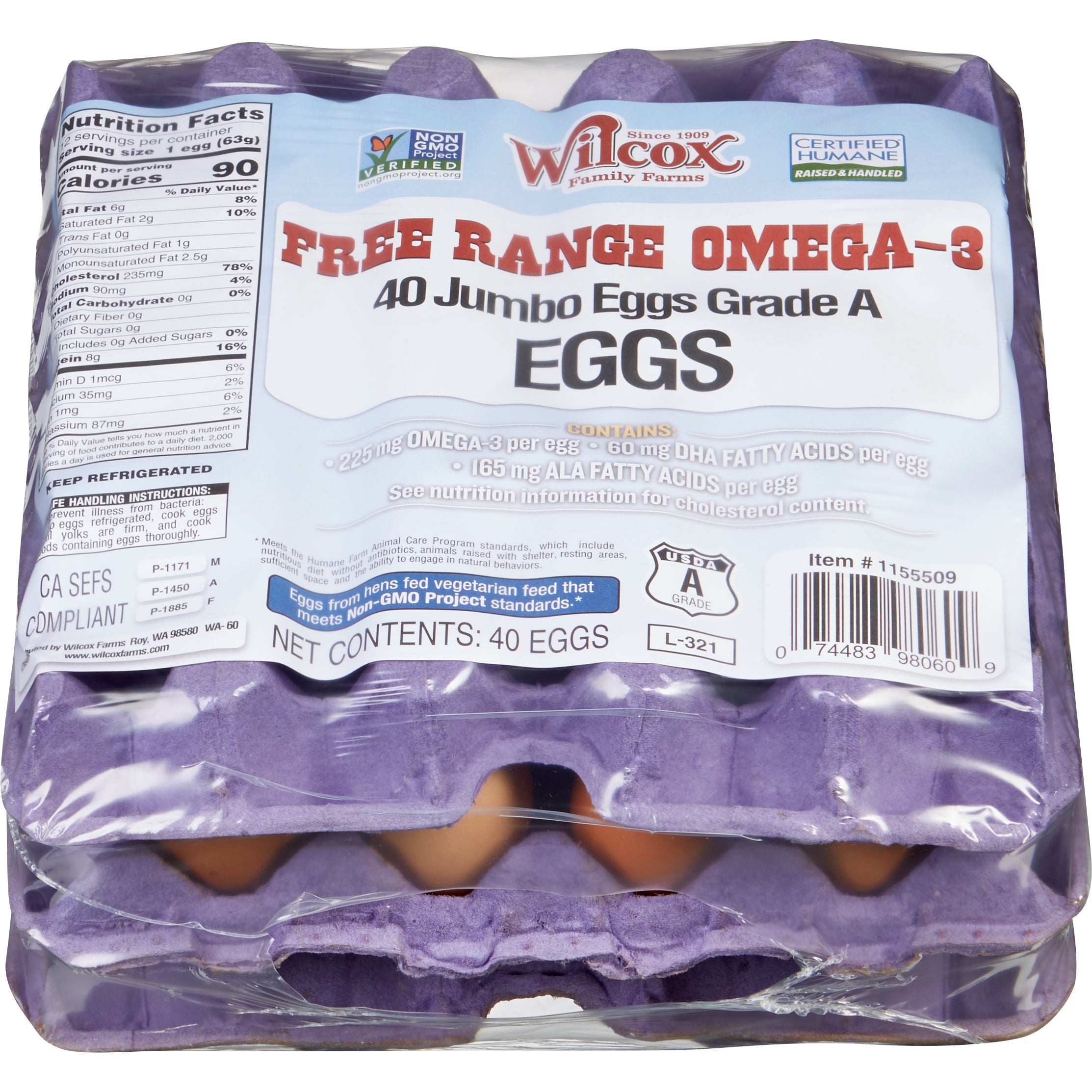 Wilcox Family Farms Grade A Free Range Omega-3 Jumbo Eggs, 40