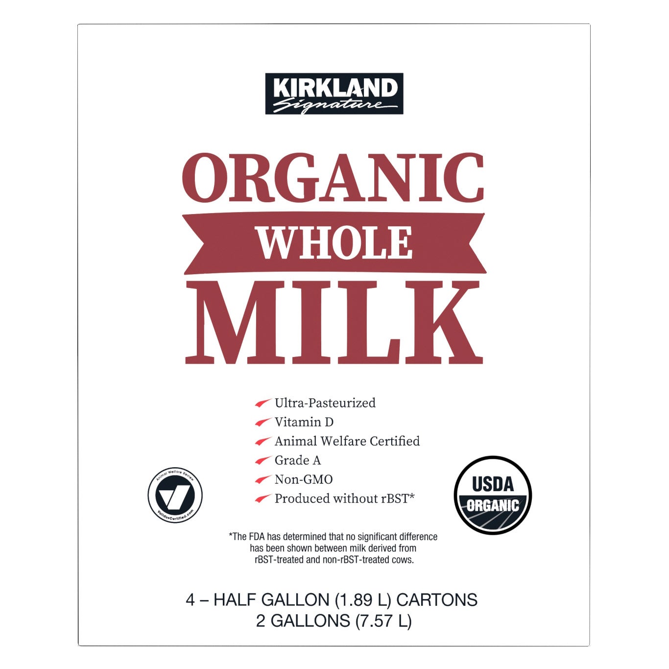 Kirkland Signature Organic Whole Milk, 4 x 64 oz Cartons (#2070113 ...