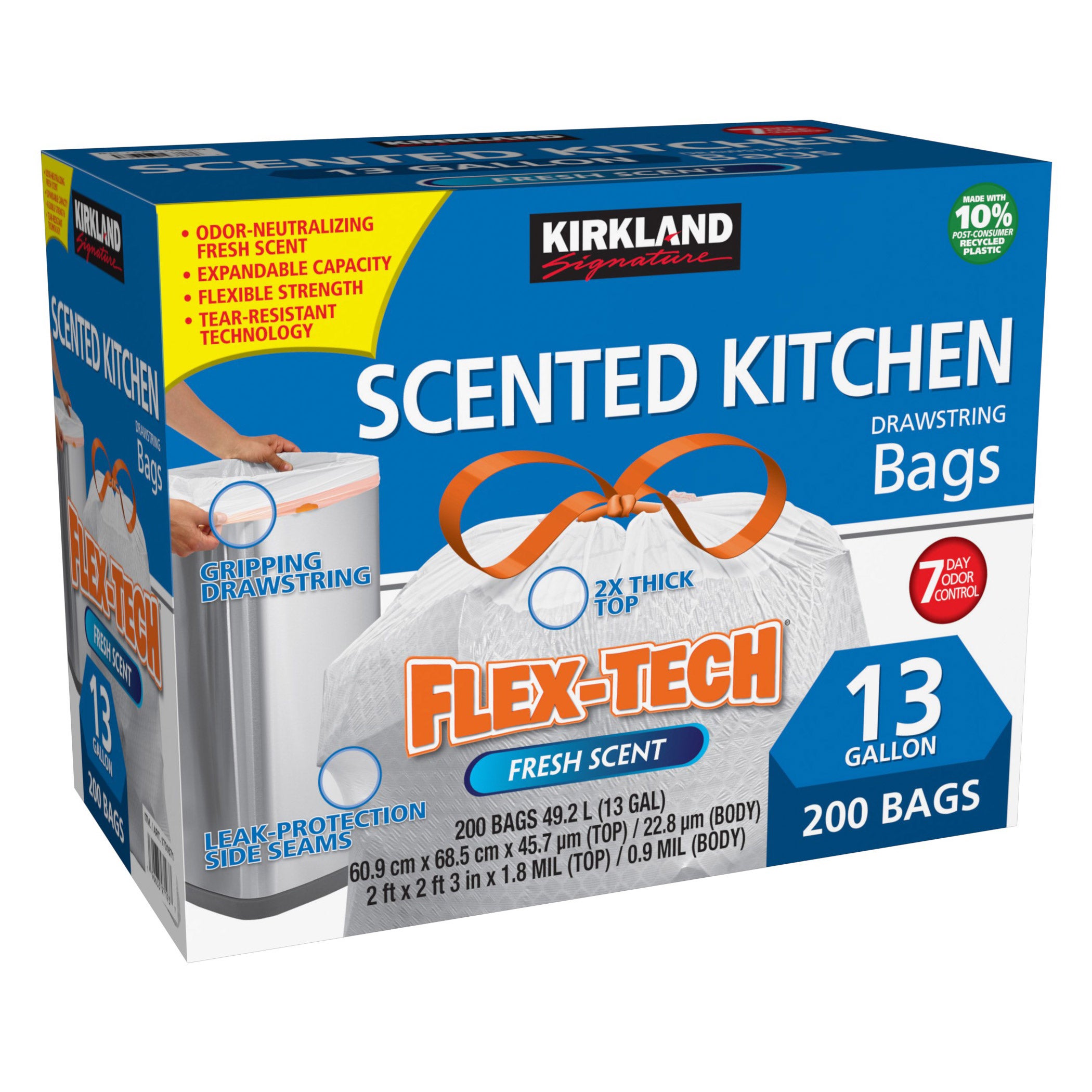 Kirkland Signature Flex-Tech Scented Kitchen Trash Bags, 13 Gallon, 200 ...