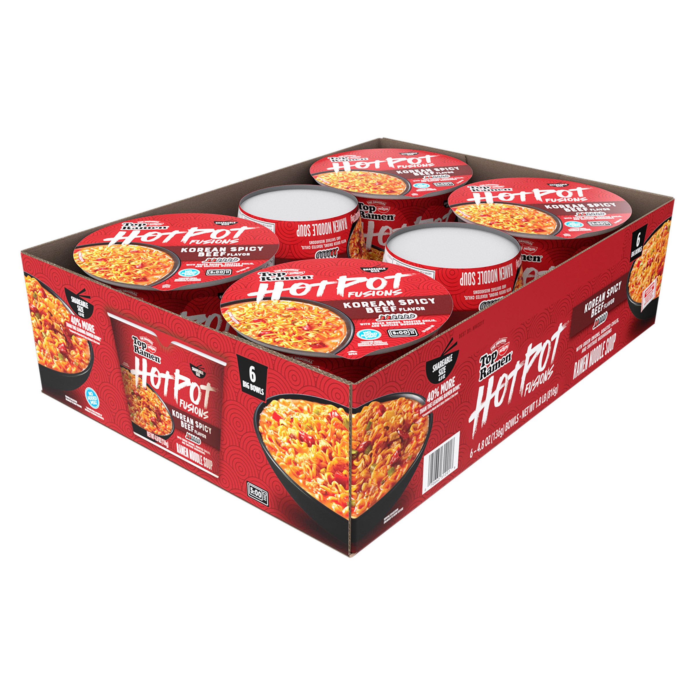Nissin Top Ramen HotPot Fusions Korean Spicy Beef, 6 Count, 4.8 oz