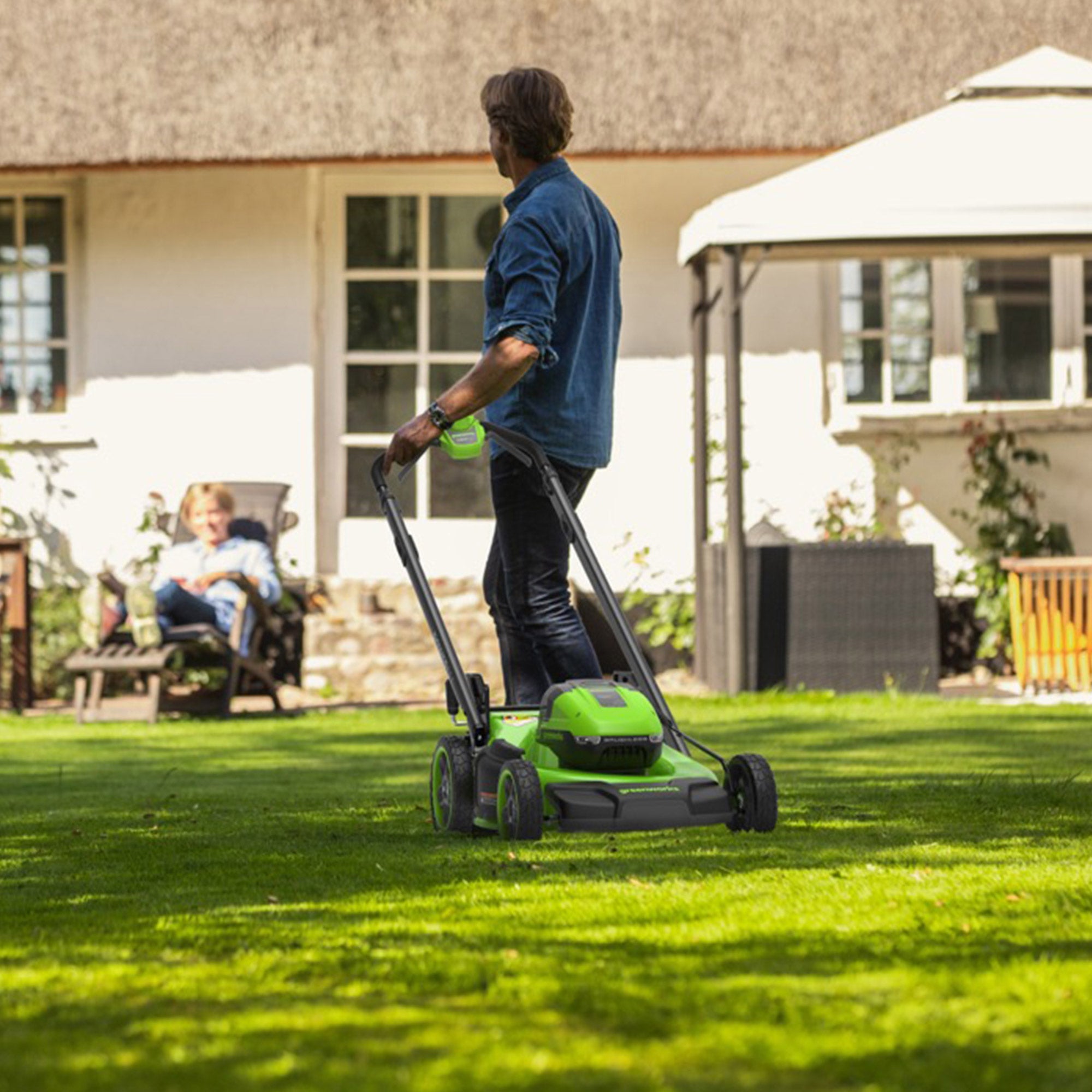Greenworks 2x24V Mower, Trimmer, Blower Combo Kit with (4) 4Ah