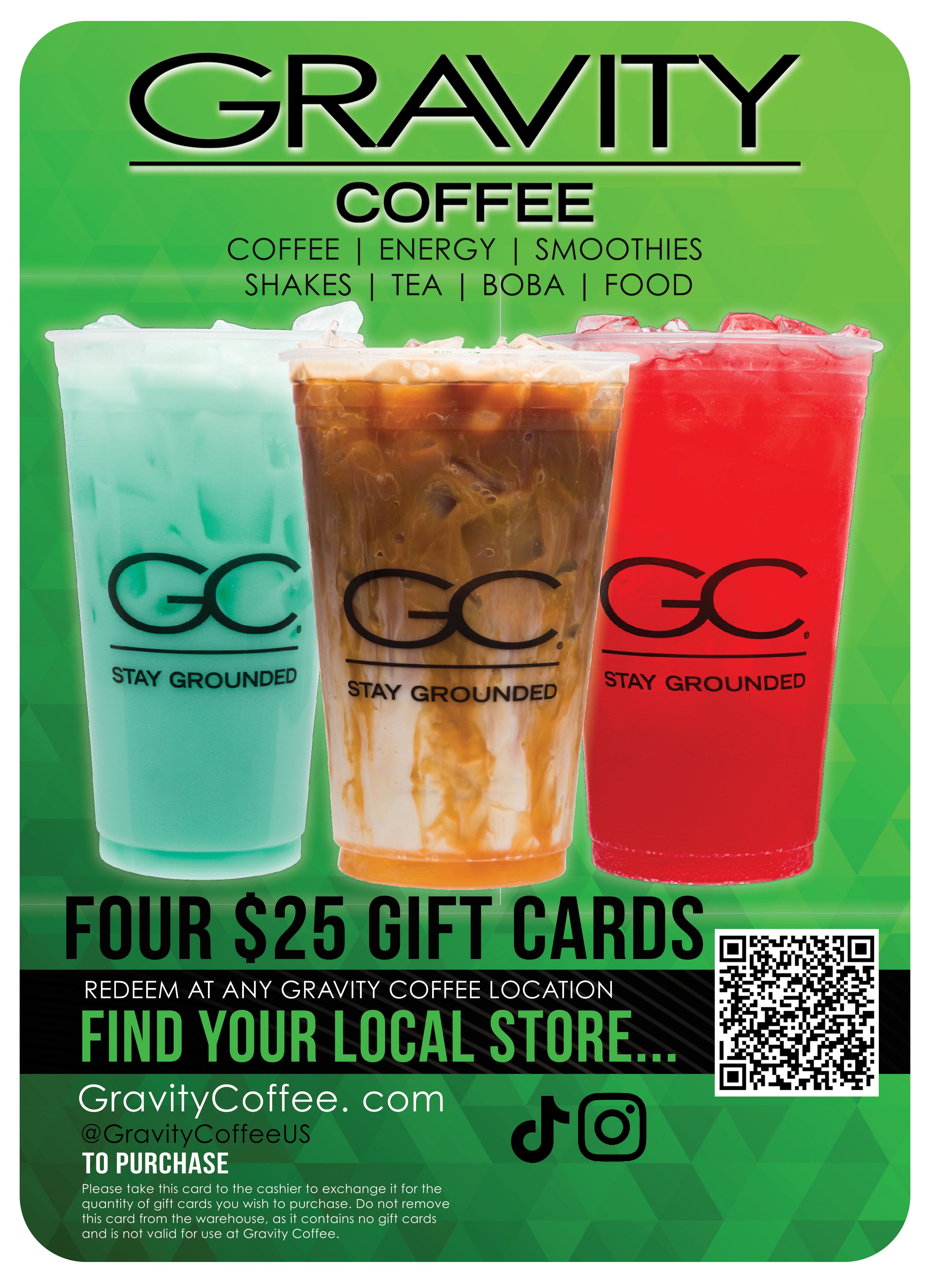 Gravity Coffee 4-Pack $25 Gift Cards (Non-Refundable) (#1981840) - $74.99