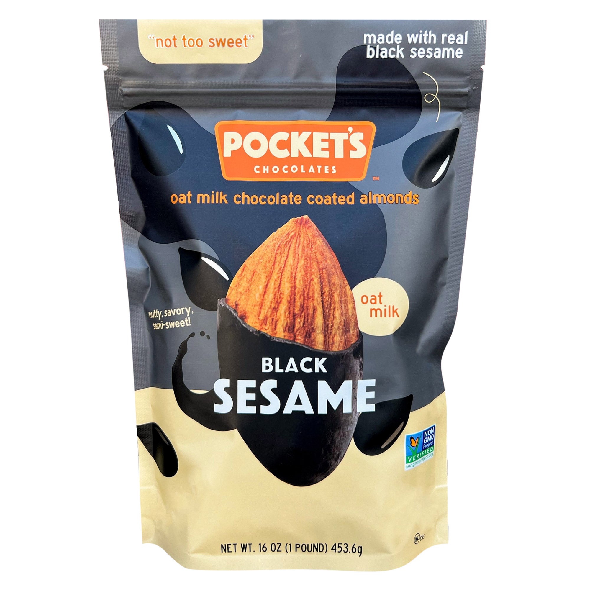 Pocket's Chocolates Black Sesame Covered Almonds 16 Ounces