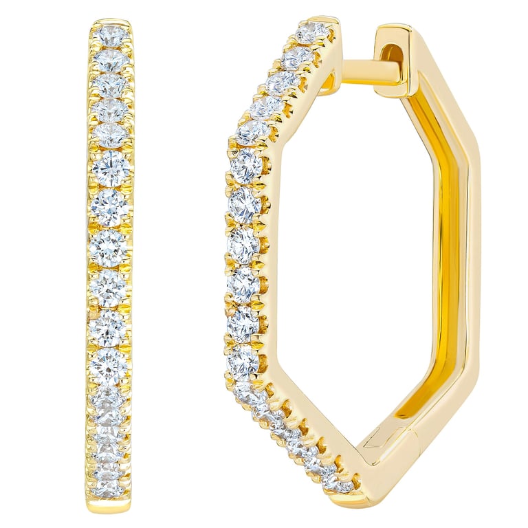 14kt Yellow Gold VS2 I 0.50 CTW Round Diamond Hexagon Hoop Earrings
