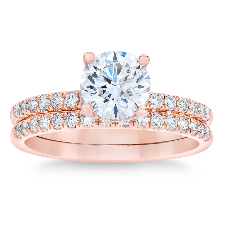 1.50 CTW Round Diamond 14K Rose Gold Wedding Set, 1.25 CT Center Stone, VS2 Clarity, I Color