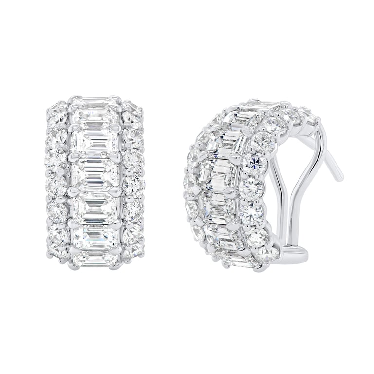 6.81 CTW Emerald & Round Diamond Earrings in 18K White Gold, VS2 H Color