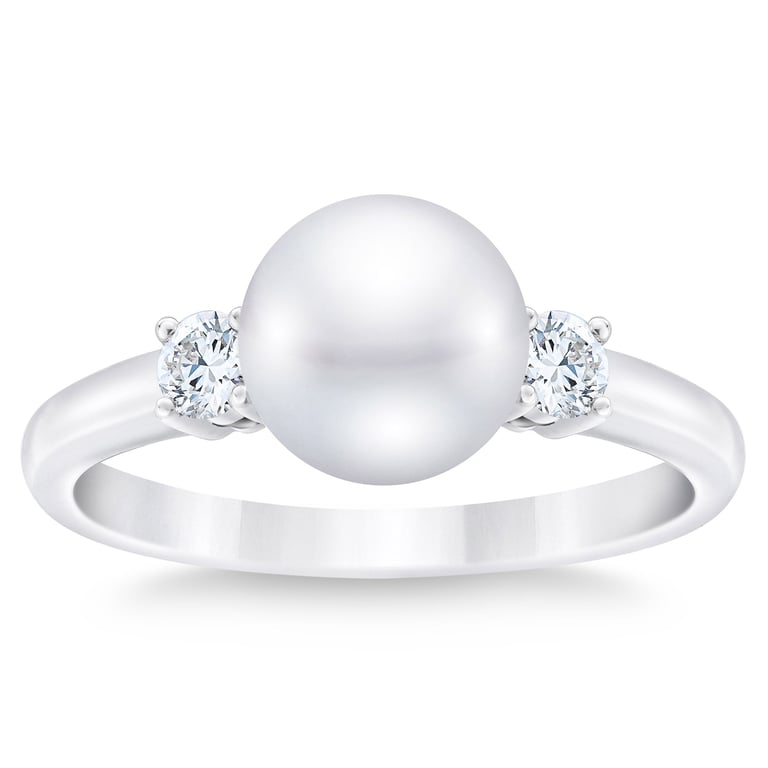 14KT White Gold .22 CTW Diamond Freshwater Cultured Pearl 8-8.5mm Ring Size 7