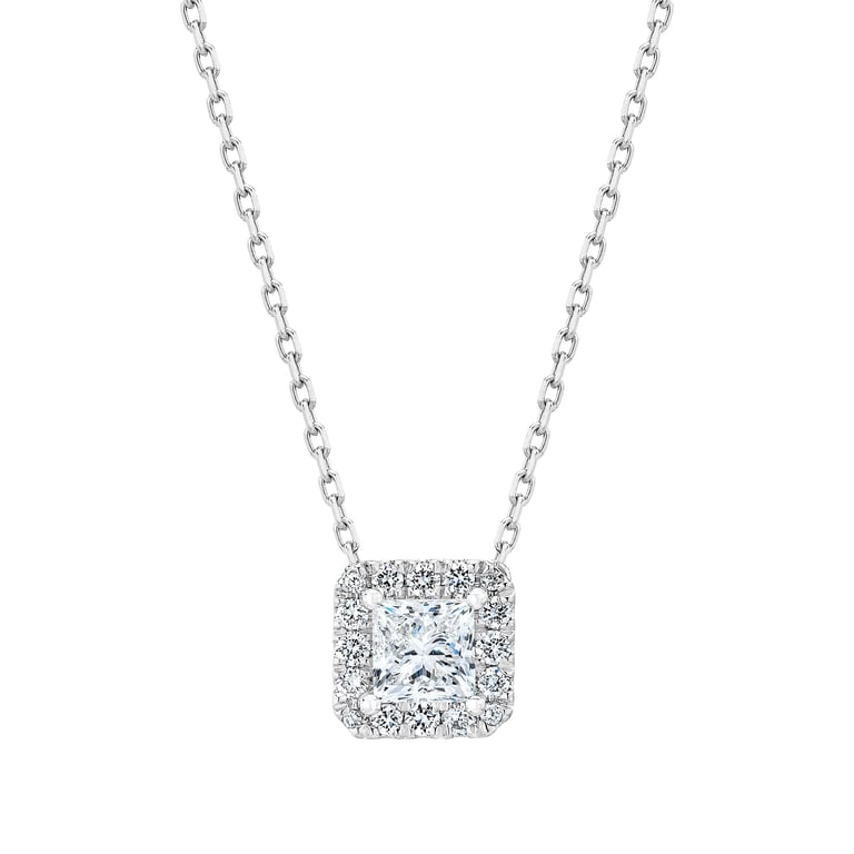 14kt White Gold VS2 I 0.63 CTW Princess Cut Diamond Halo Necklace
