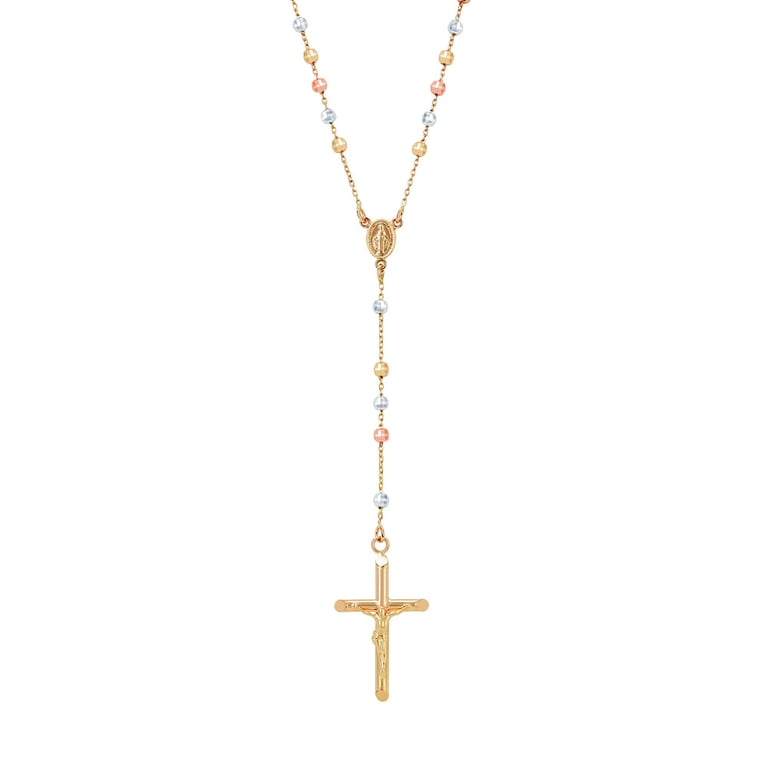 14kt Tri-Color Gold Diamond-Cut Rosary Necklace on 18" Chain Made in Italy