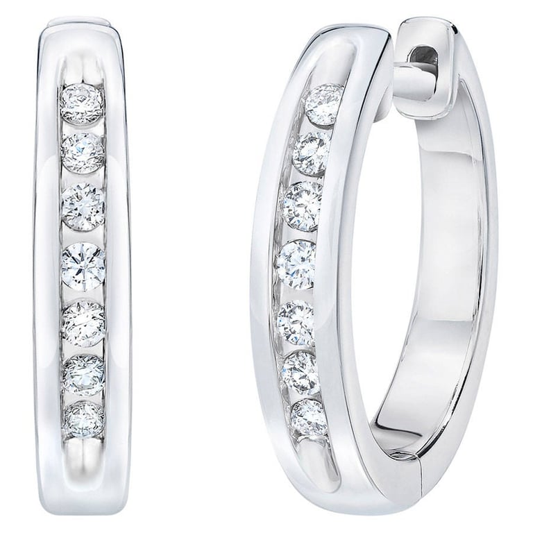 14kt White Gold VS2 I 0.12 CTW Round Diamond Channel Set Hoop Earrings