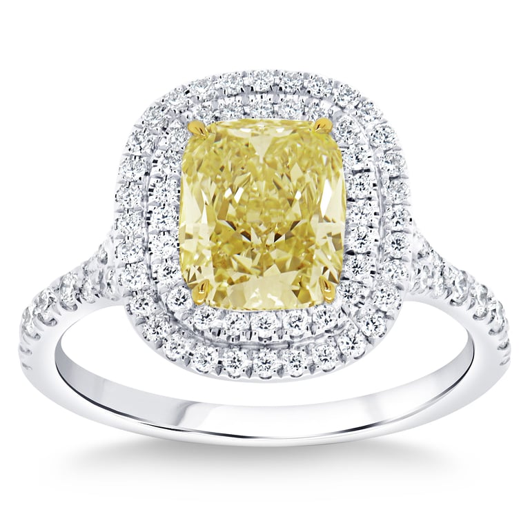 2.02 ct Cushion Fancy Yellow VS2 Clarity, 2.51 ctw Diamond Platinum Ring