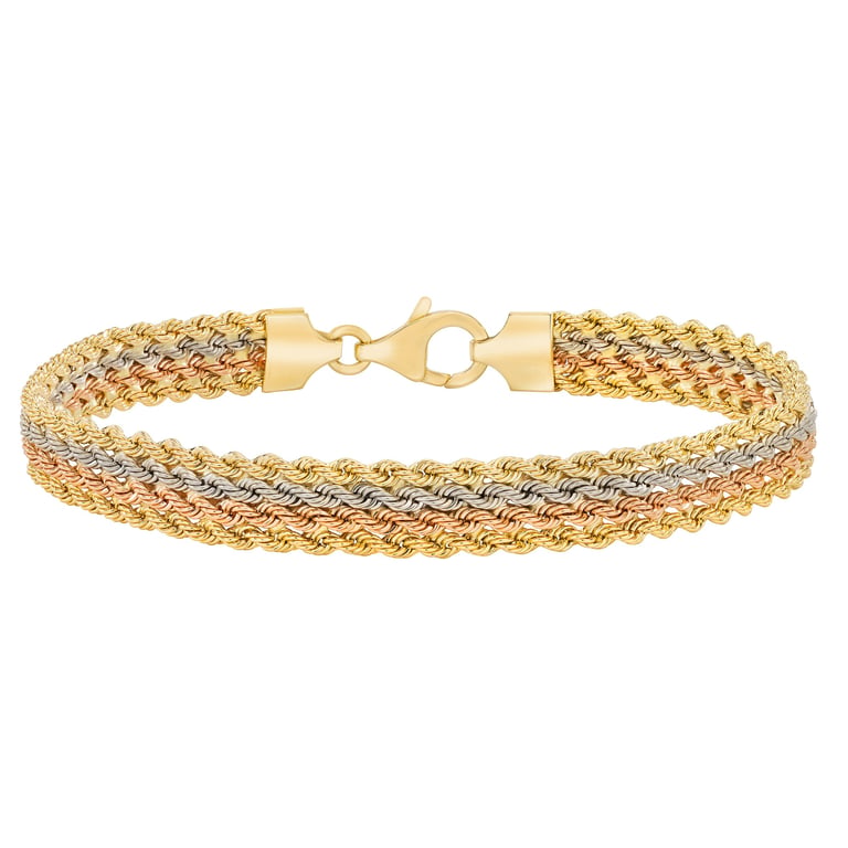 14KT Tri-Color Gold 7.5" Rope Bracelet Made in Italy