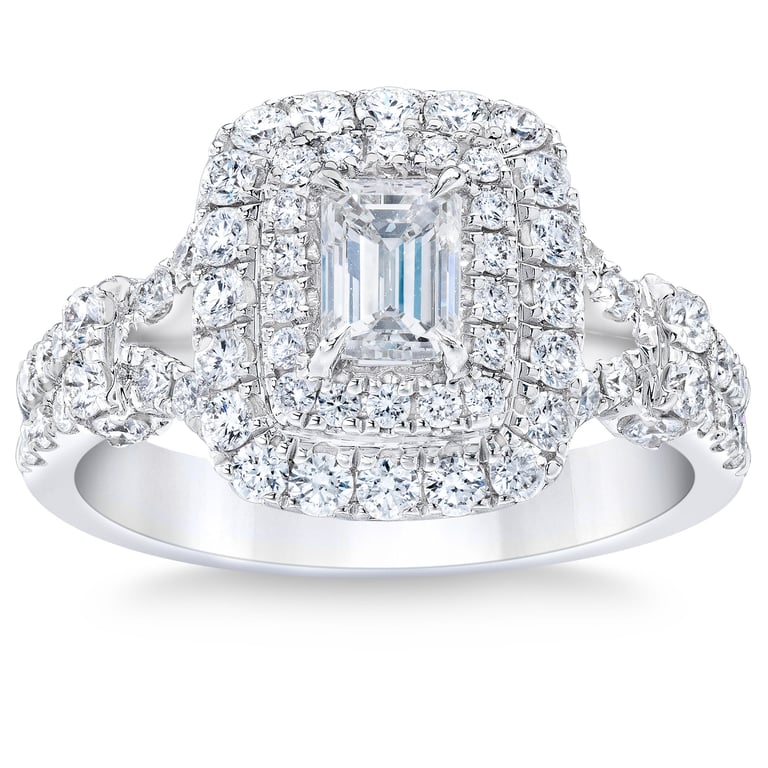 14KT White Gold VS2 I 1.39CTW Emerald & Round Diamond Ring