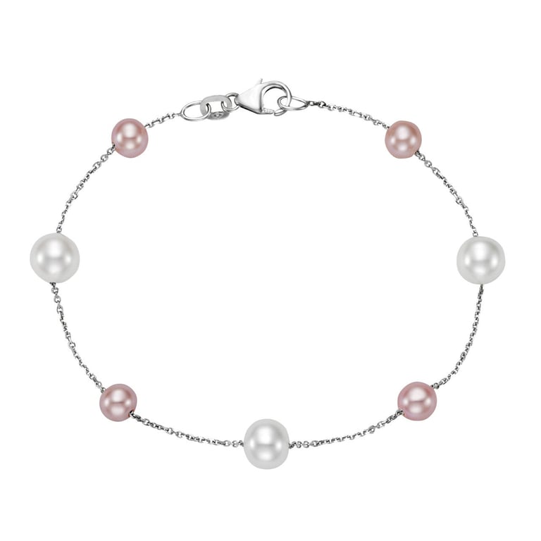 5-7.5mm Pink & White 14kt White Gold Freshwater Cultured Pearl Bracelet, 7.5"