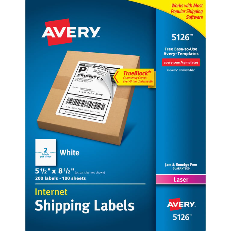 Avery 5126 TrueBlock Laser Shipping Labels, 5-1/2" x 8-1/2", 100 Sheets, 2 Per Sheet