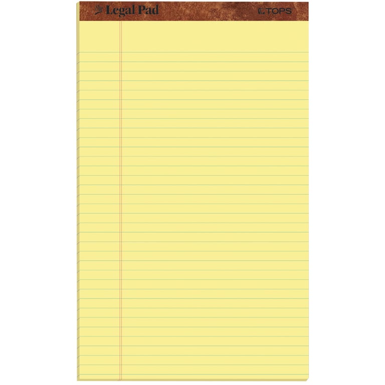 TOPS The Legal Pad Writing Pads, 8-1/2" x 14", Canary, Legal Rule, 50 Sheets, 12 Pack