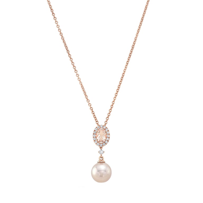 14KT Rose Gold .11 CTW Diamond & 8-8.5MM Freshwater Cultured Pearl & Morganite Pendant