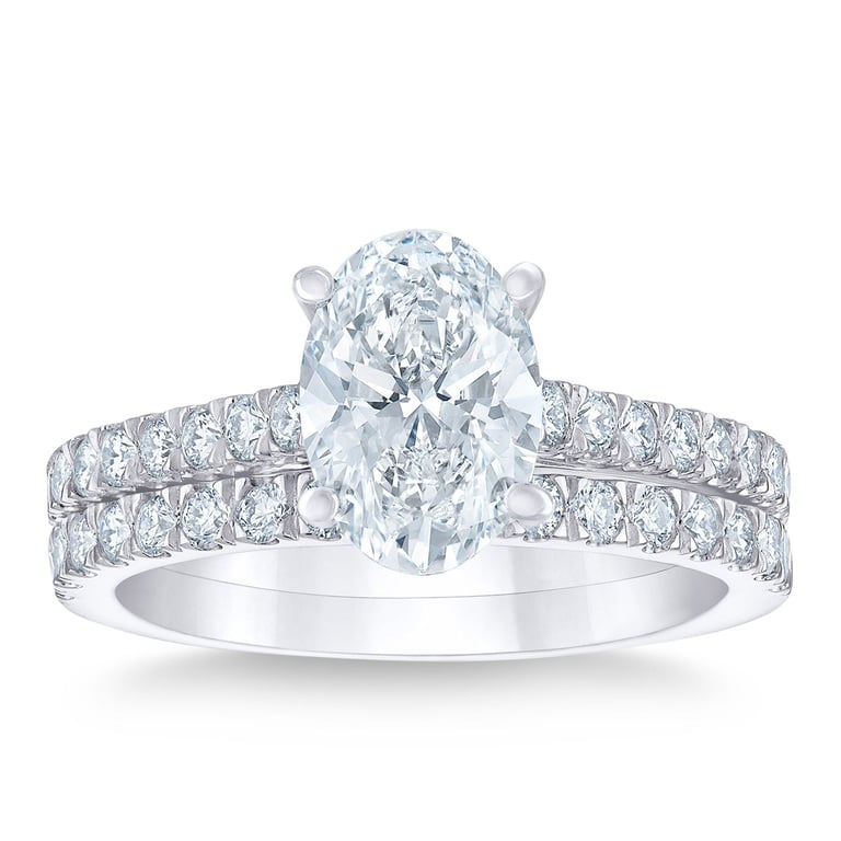 2.14 CTW Oval Cut Platinum Wedding Set, 1.50 CT Center Diamond, VS1 Clarity, G Color