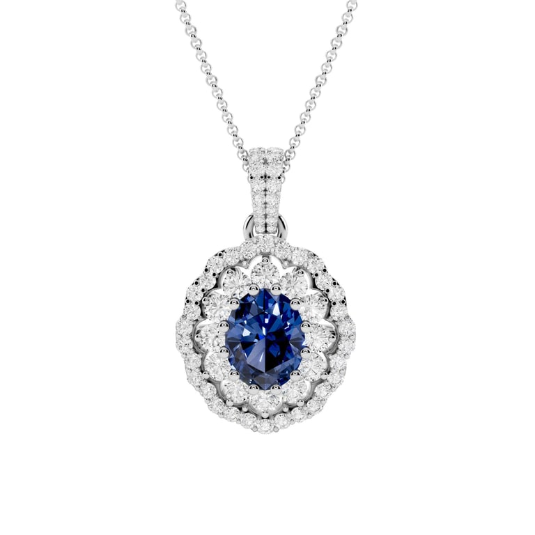 9x7mm Oval Cut Blue Sapphire & 1.09 CTW Diamond 18kt White Gold Pendant