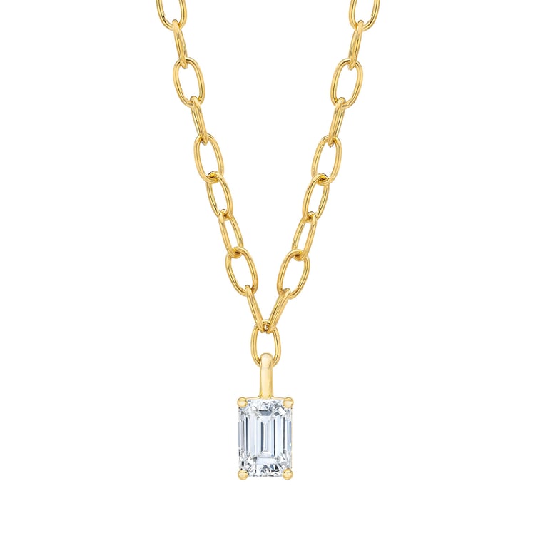 1.50 CT Emerald Cut 18KT Yellow Gold 18" Pendant, VS1 Clarity, H Color