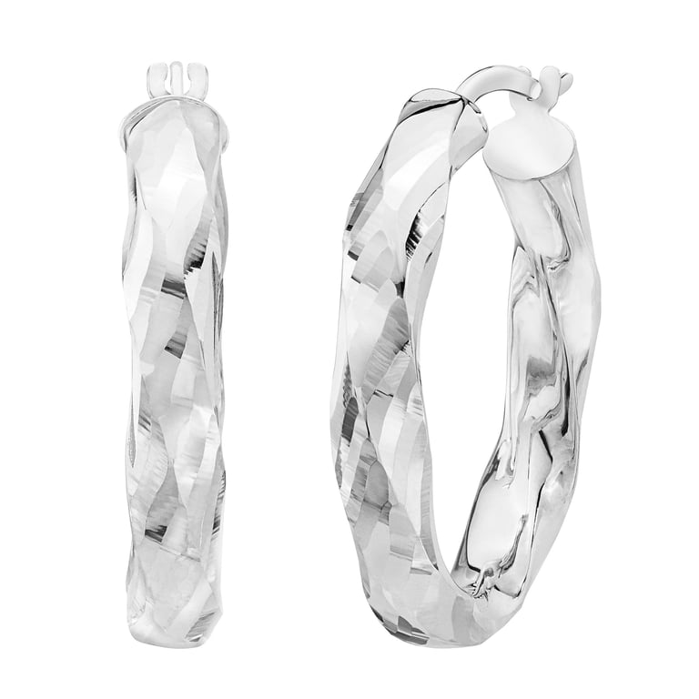 14KT White Gold Diamond Cut Hoop Earrings