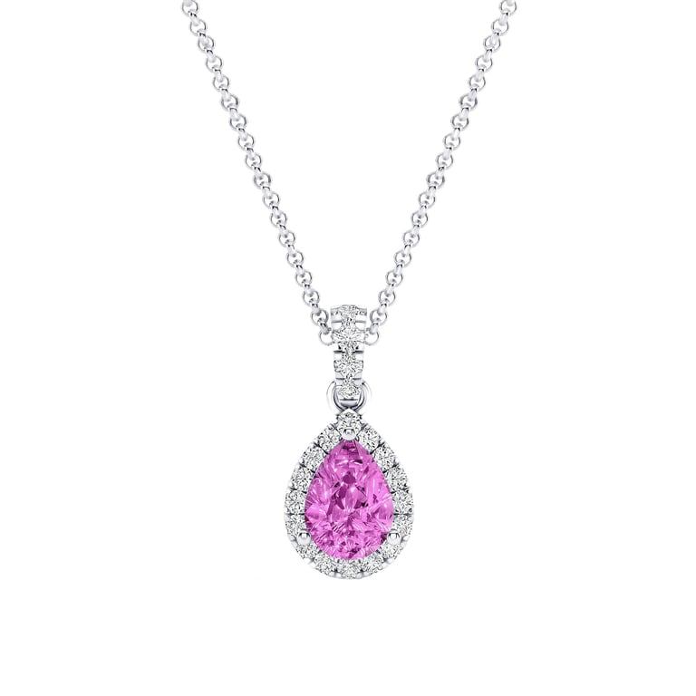 7x5mm Pear Shape Pink Sapphire 0.17 CTW Diamond 18KT White Gold Pendant