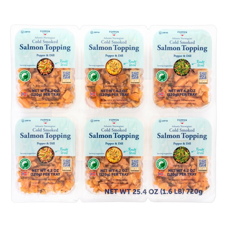 Foppen Atlantic Norwegian Cold Smoked Salmon Topping, Pepper & Dill, 6 × 4.2 oz Trays
