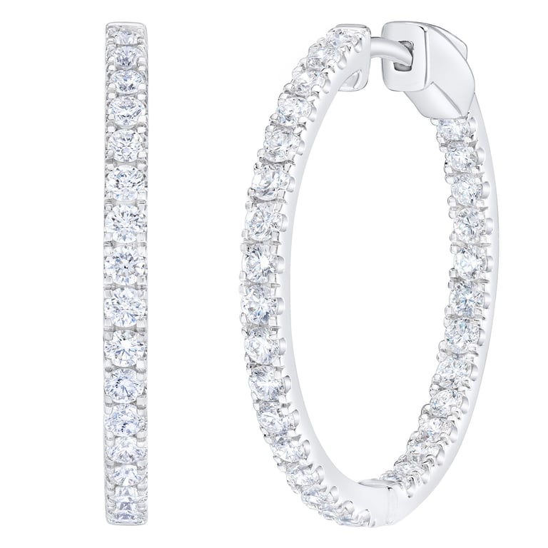14KT White Gold VS2 G 1.50 CTW Round Diamond Hoop Earrings