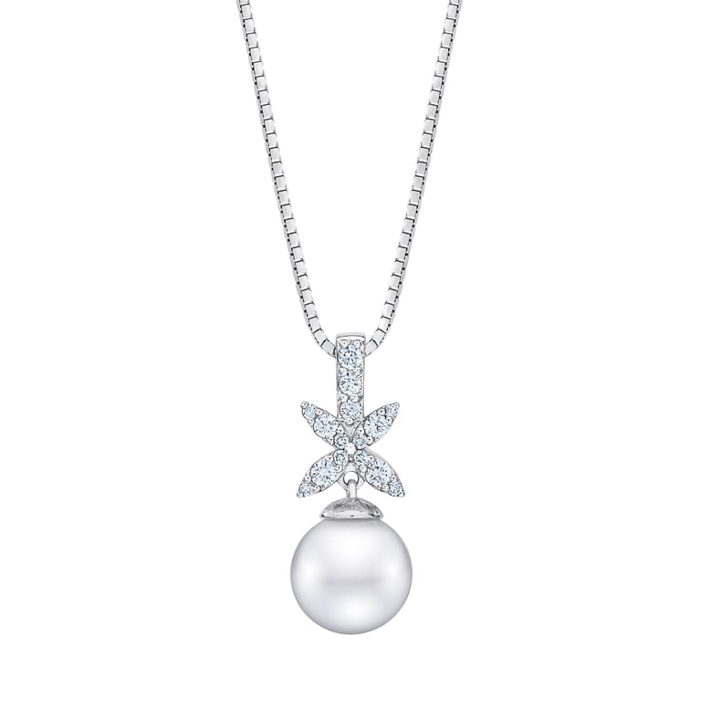 14KT White Gold 0.22 CTW Diamond 9-10MM Freshwater Cultured Pearl Necklace