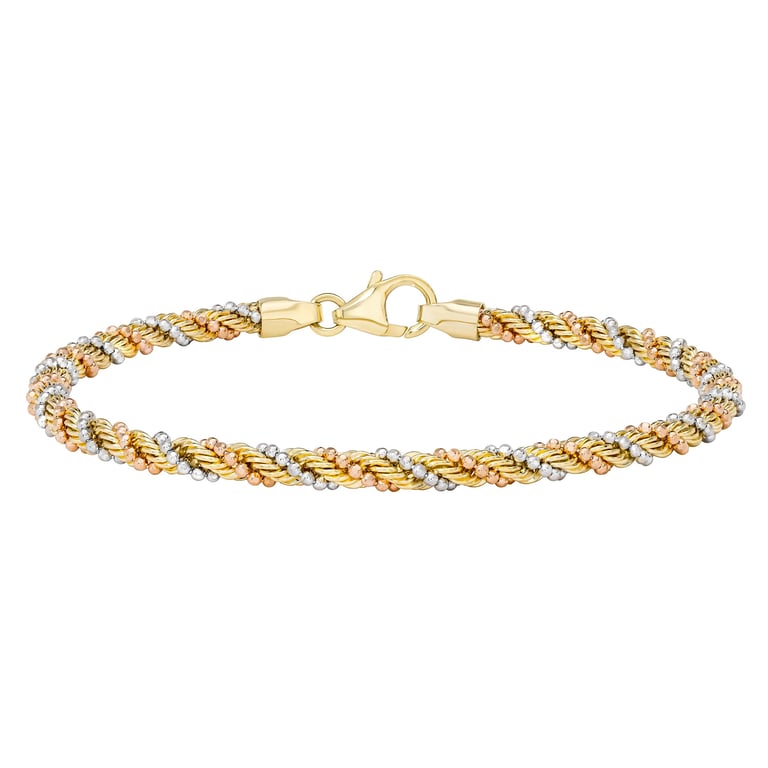 14kt Tri-Color Gold 3mm Rope Bracelet 7.5" Made in Italy