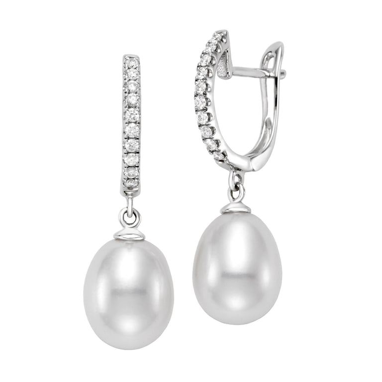 14K White Gold & Diamond Freshwater Cultured Pearl 8-9mm Earrings