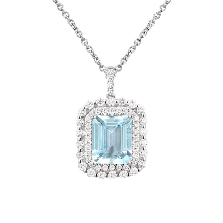 18kt White Gold VS2/I 0.88 CTW Emerald Cut Aquamarine & Diamond Pendant