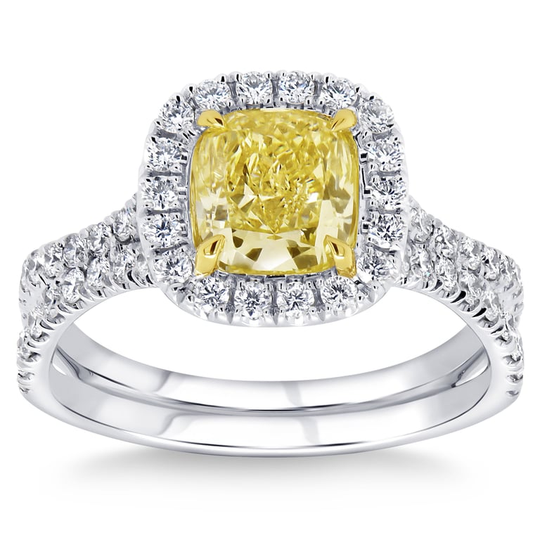 1.51 CT Cushion Fancy Yellow VS2 2.09 CTW Diamond Platinum Ring