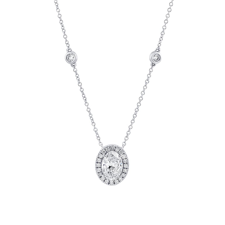 1.95 CTW Oval Cut 18KT White Gold 18" Halo Pendant, 1.50 CT Center Diamond, VS2, G Color