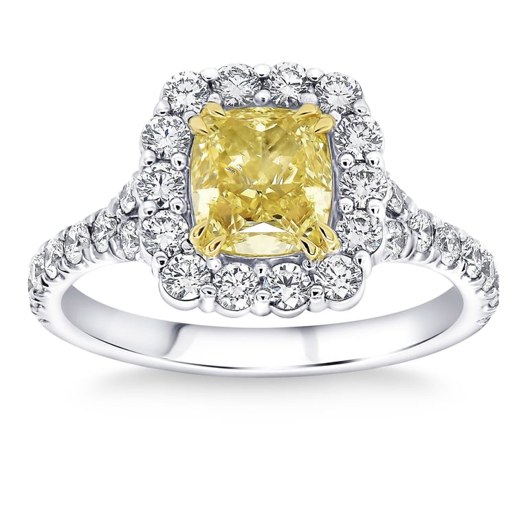 1.61 ct Cushion Fancy Yellow VVS1 Platinum Diamond Ring, 2.67 ct tw