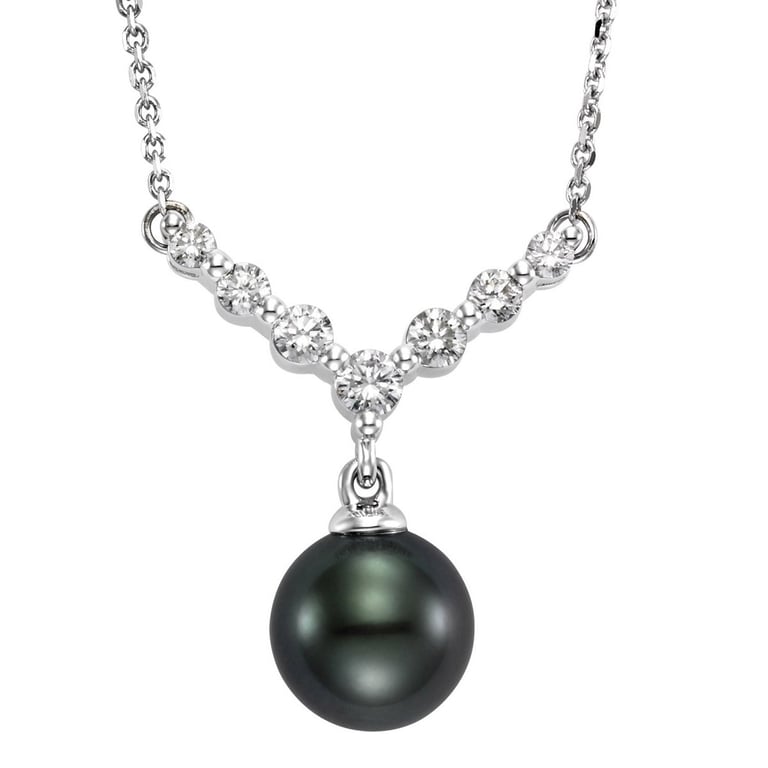 14kt White Gold 0.35 ctw Diamond & Tahitian Cultured 8-9mm Black Pearl 18" Pendant Necklace