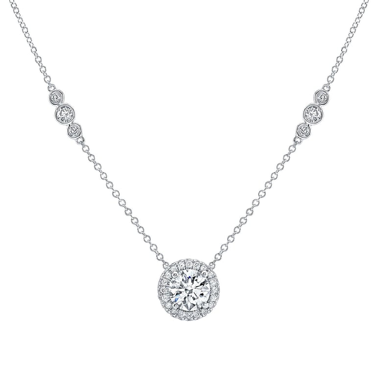 18kt White Gold VS2, I Color 1.81 ctw Round Diamond Halo Necklace