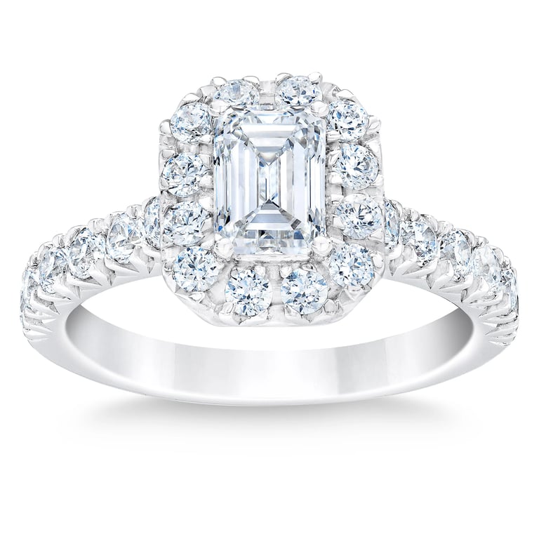 Platinum Emerald Cut & Round Brilliant 2.00 ctw VS2 Clarity, G Color Diamond Halo Ring (1.0 ct Center)