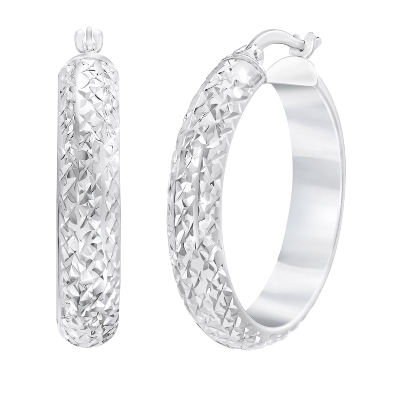 14kt White Gold Diamond Cut Hoop Earrings