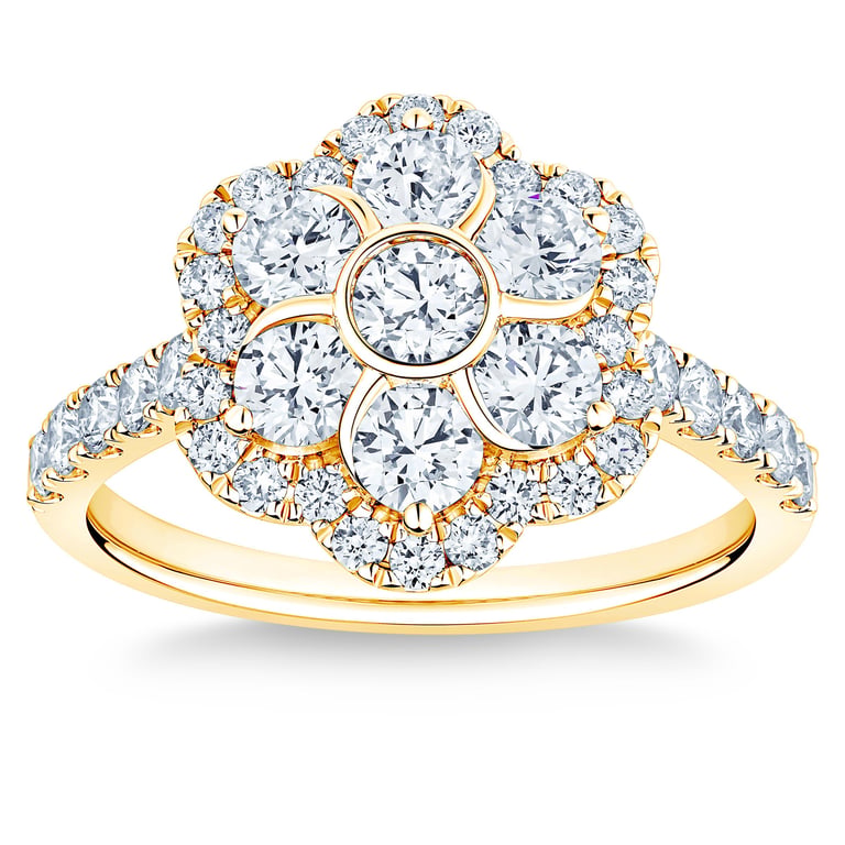 14kt Yellow Gold VS2 I 1.60 ctw Round Diamond Flower Ring
