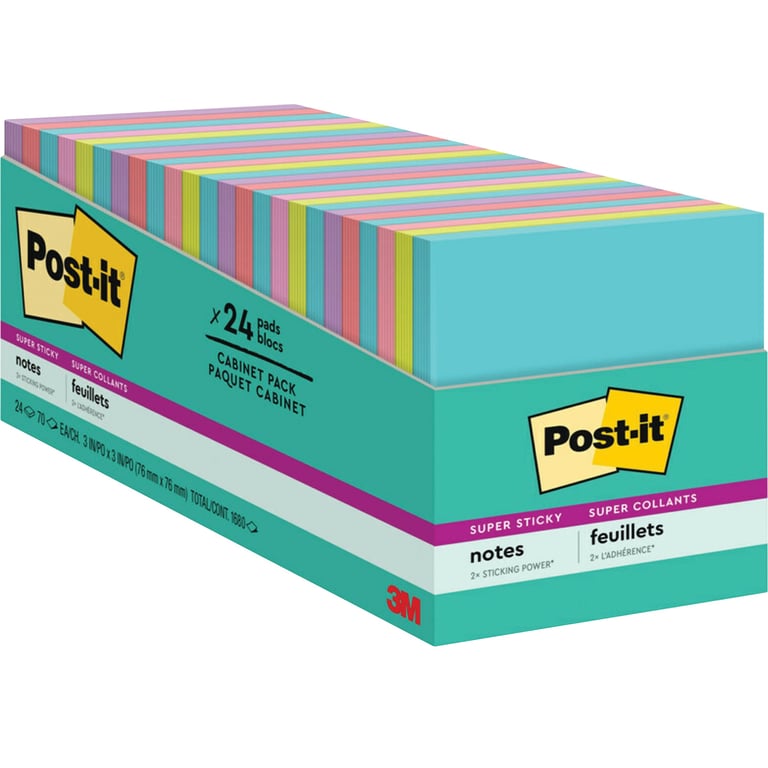 Post-it Super Sticky Notes, Miami Collection, 3" x 3", 24 Pads, 70 Sheets/Pad